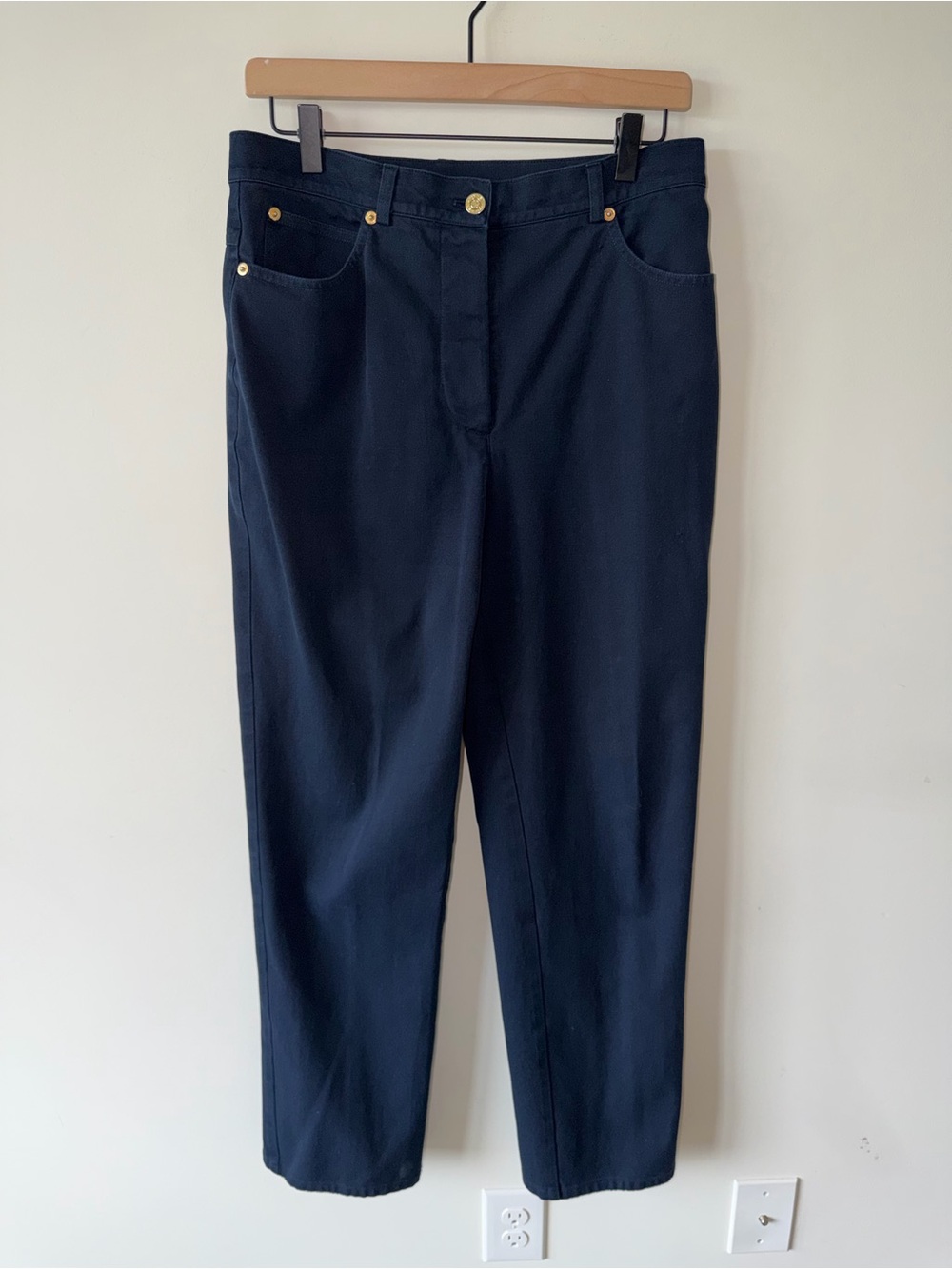 ST. JOHN Sport by Marie Gray Pants Navy Blue Straight Leg Gold Hardware Cotton